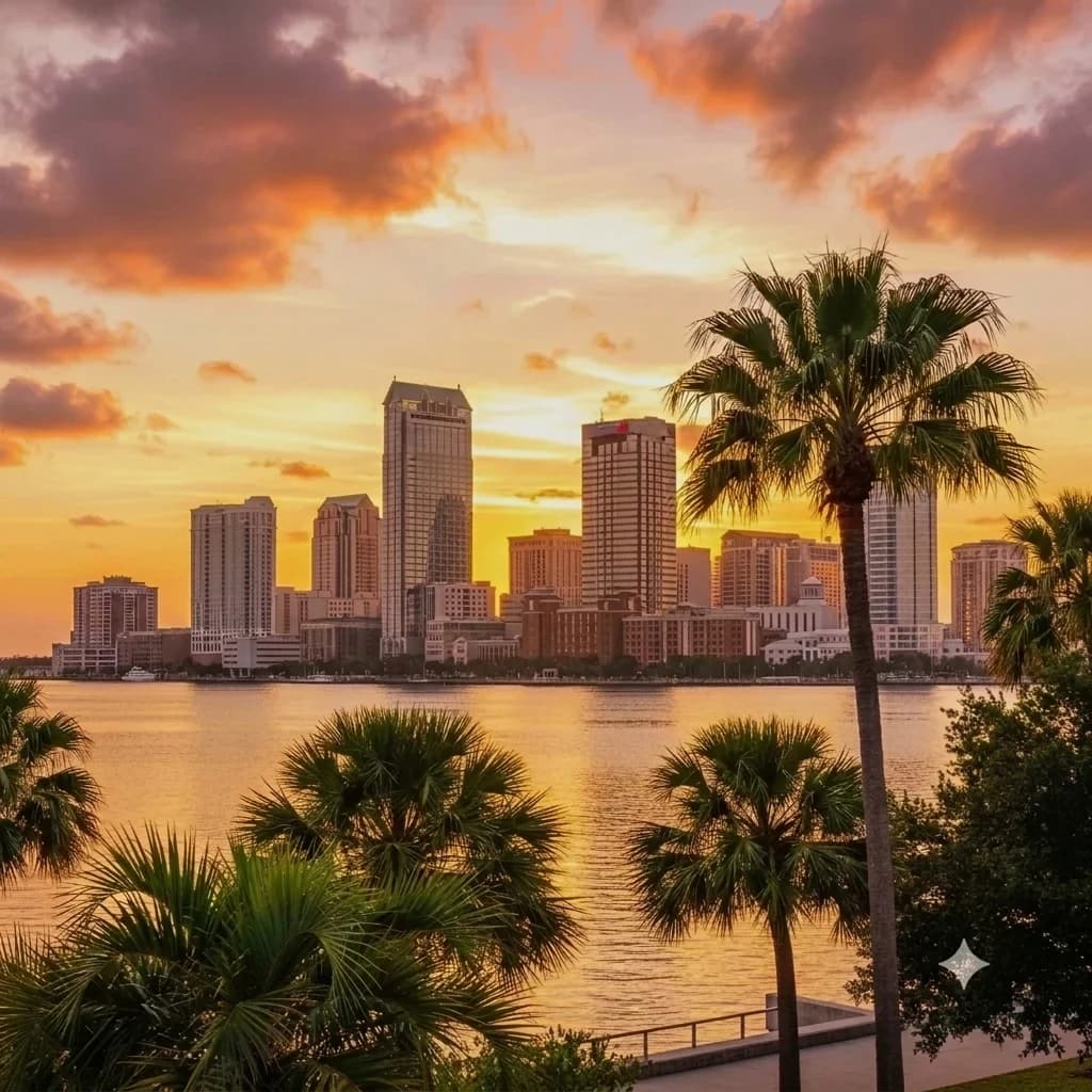 Tampa Bay waterfront skyline at sunset with palms, Tigara Group home market